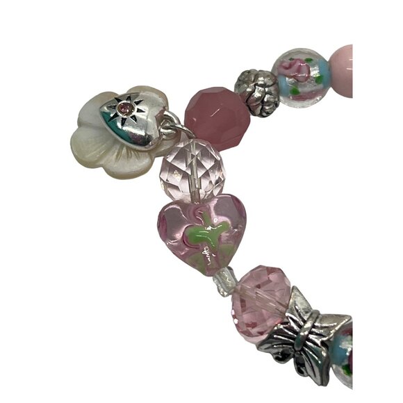 Handcrafted Lampwork Glass Beads Stretch Bracelet Silver Tone Floral Charms - Picture 4 of 5